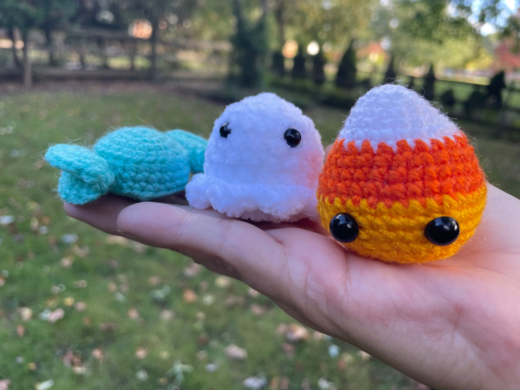 Halloween Amigurumi Gift Pack, includes mini ghost, mini candy corn and mini wrapped candy