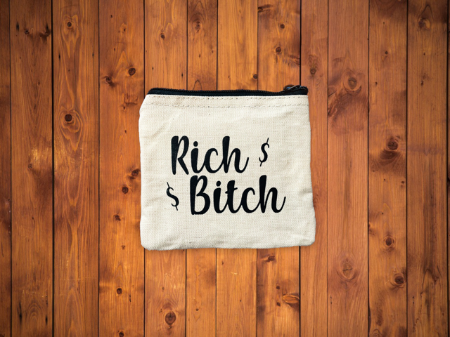 Rich Bitch Zippered Canvas Mini Pouch/Change Purse, Cosmetic Pouch, Reuseable Bag